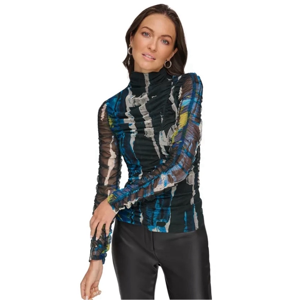 DKNY Women's Printed Mock-Neck Ruched Long-Sleeve Mesh Top Size Large Black Blue
